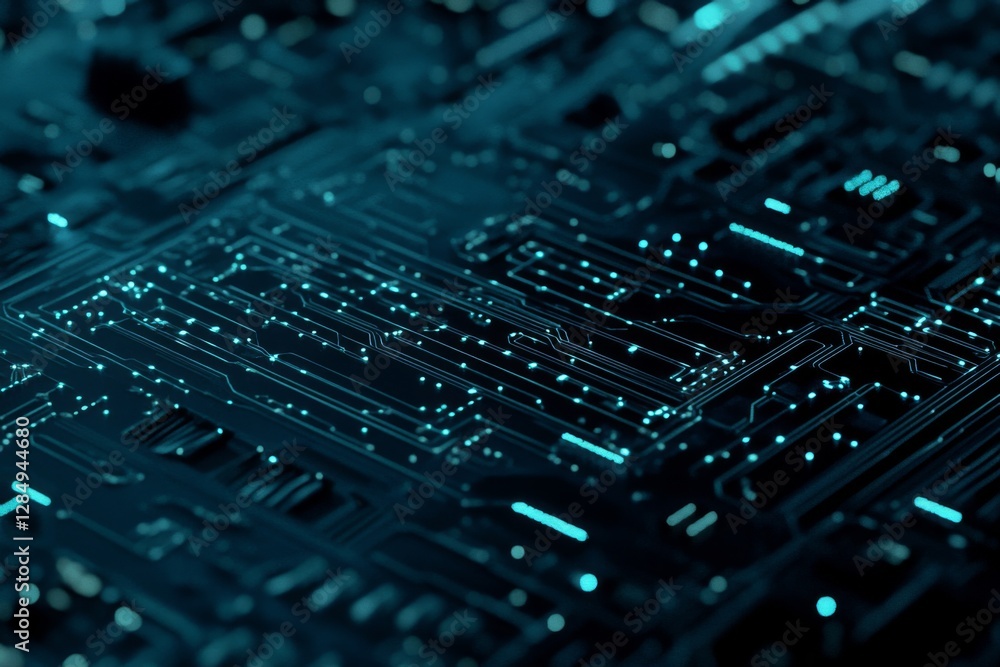 Poster a detailed view of a circuit board highlights the complex network of electronic pathways, illuminate