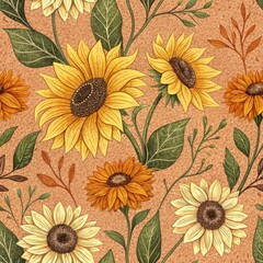 Vibrant Sunflower Seamless Pattern Design Nature Inspired Art Textiles Rustic Background Aesthetic Appeal