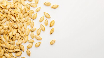 Pile of Roasted Pumpkin Seeds on a Light Background Surface