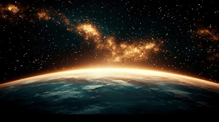 Fototapeta premium Earthrise Panorama Celestial Sunrise Golden Rays Planet Earth Space Background