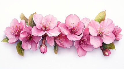 A delicate arrangement of pink cherry blossoms with green leaves on a white background.