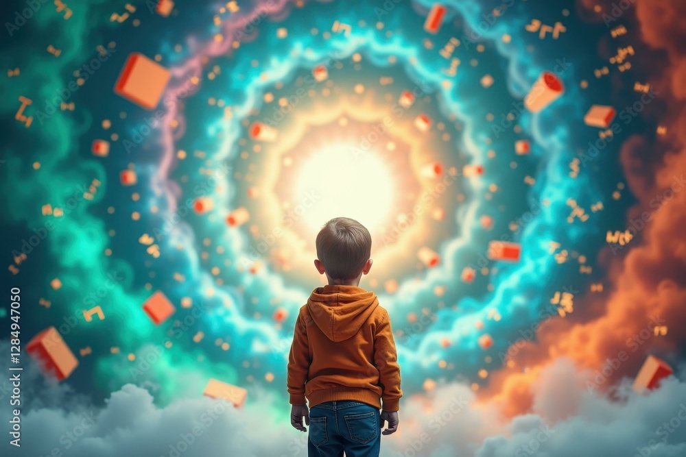 Aufkleber boy is standing in front of colorful sky with many flying objects