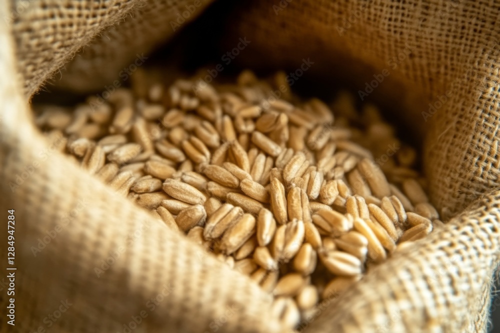 Poster golden oats are neatly contained within a burlap sack, showcasing the simplicity and abundance of na