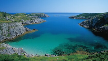 Fototapeta premium Coastal inlet, clear water, rocky shores, sunny day, travel