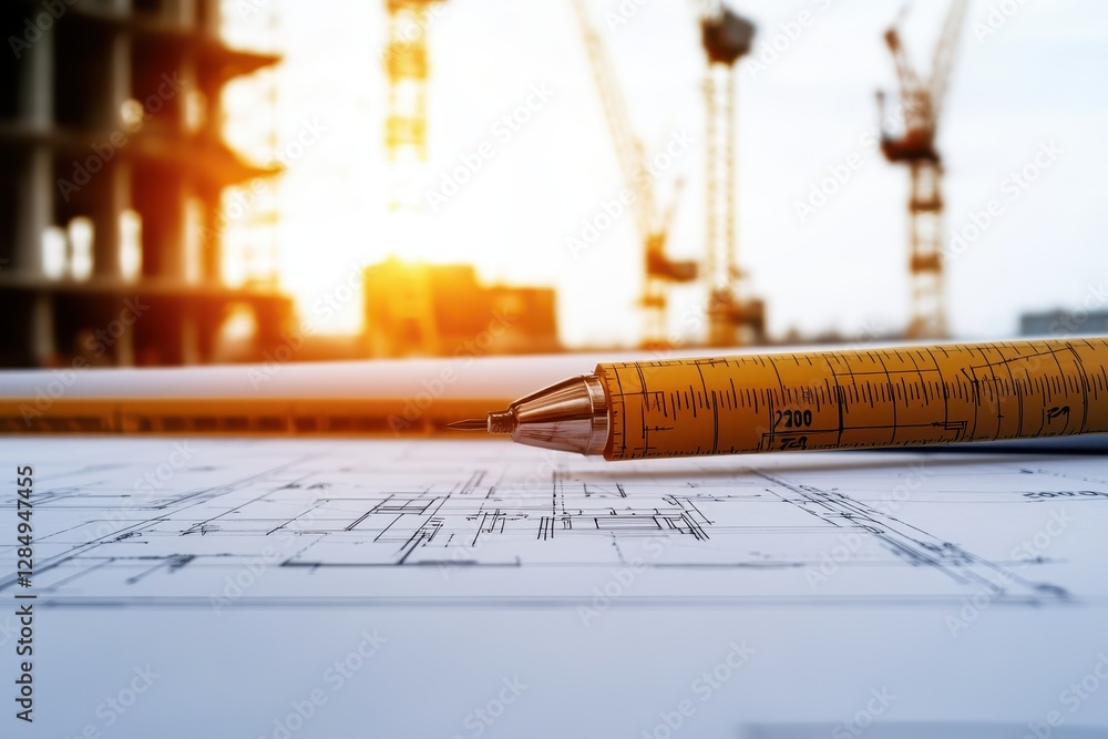 Poster the image features a close-up of architectural blueprints with a ruler and pen, set against a constr