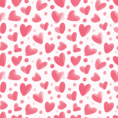 Pink watercolor hearts seamless repeating vector template. Artistic watercolor spots textured doodle heart shape. Hand brush drawn cute doodle, endless chaotic background, template