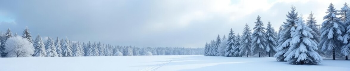 Fototapeta premium Snow-covered evergreens stretch towards the grey sky, snow-covered ground, bare trees, wintry scenery