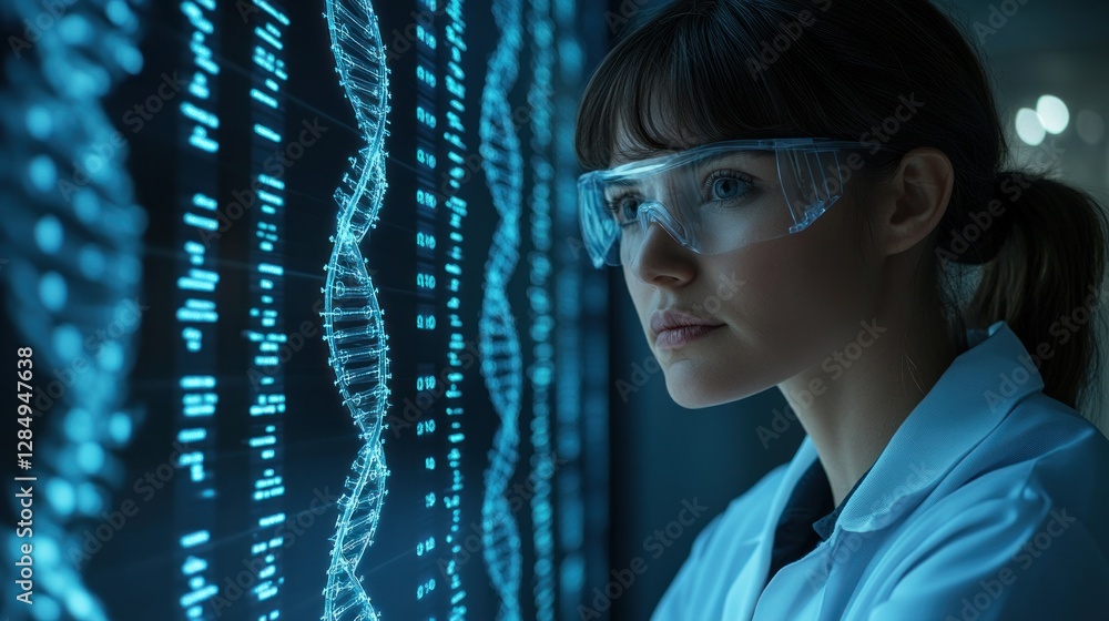 Poster female scientist analyzing dna data on holographic display in lab