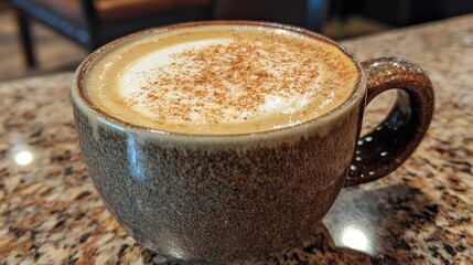 Cozy Coffee Cup with Cinnamon on Top in a Warm Cafe Setting