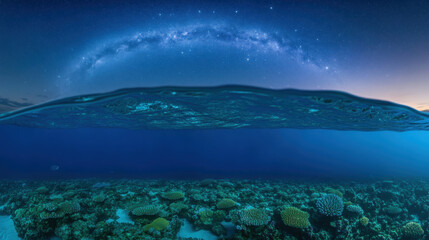 Naklejka premium stunning view of starry galaxy above vibrant coral reef, showcasing beauty of nature. underwater scene is filled with colorful corals and marine