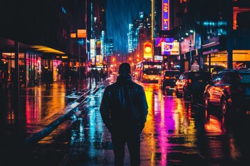 Fototapeta premium A person stands in the rain on a bustling city street at night. Bright neon lights reflect on the wet pavement, creating a colorful atmosphere filled with cars and pedestrians. Generative AI