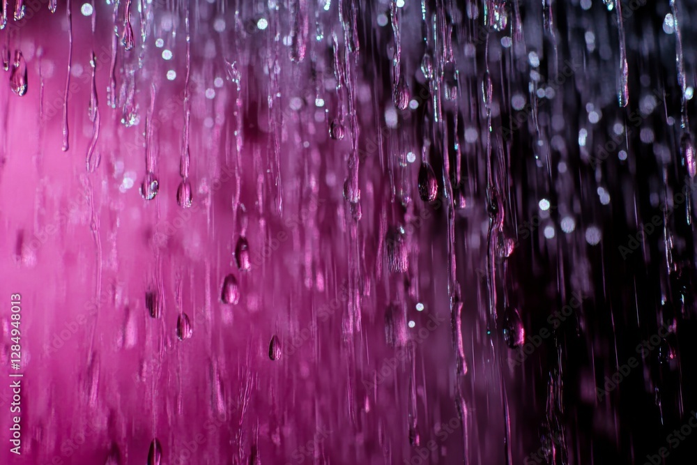 Poster water falls in delicate droplets against a backdrop of vivid pink light, creating an enchanting visu