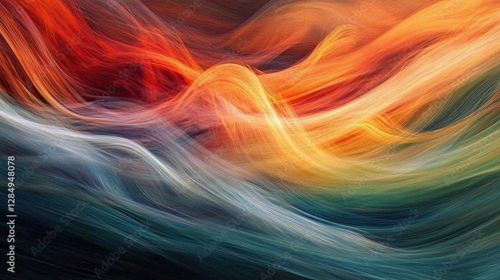 Poster abstract wave patterns in vibrant colors with soft lighting, evoking energy and motion.
