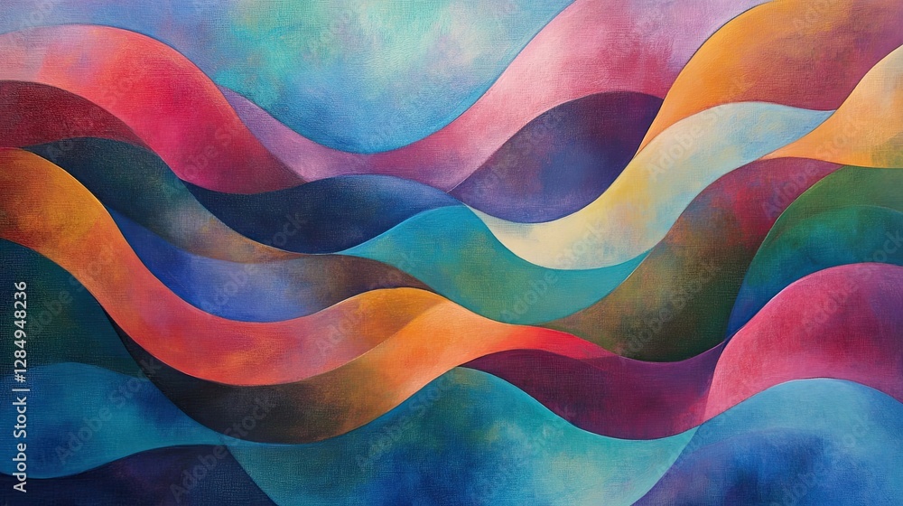 Poster abstract wave patterns in vibrant colors with soft lighting, evoking energy and motion