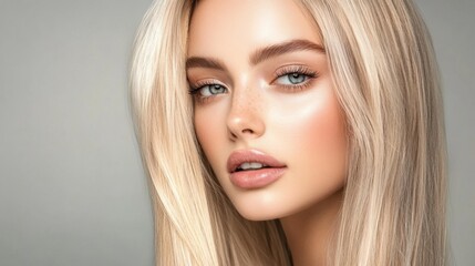 Fototapeta premium Beautiful Woman with Long Blonde Hair and Natural Makeup Close-Up