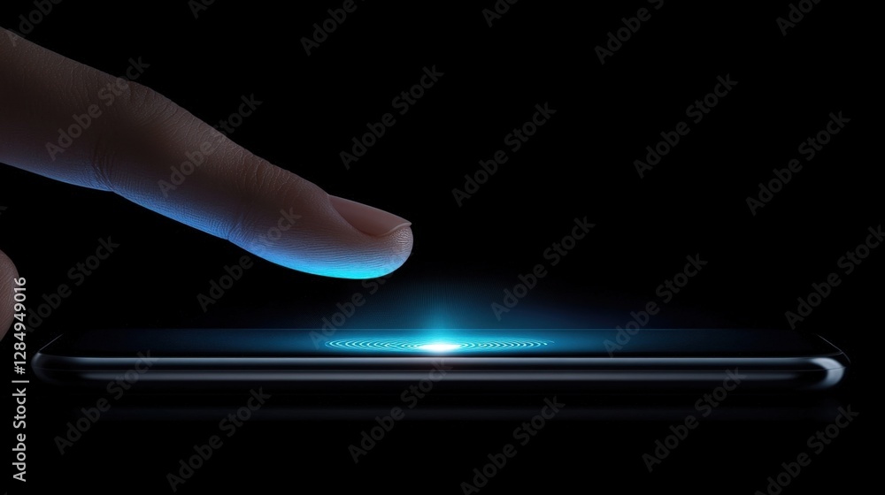 Poster finger accessing smartphone through biometric scan, enhancing security and privacy in modern technol