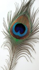 Obraz premium Vibrant peacock feather with intricate details and iridescent colors on a white background, beautiful, decoration, iridescent