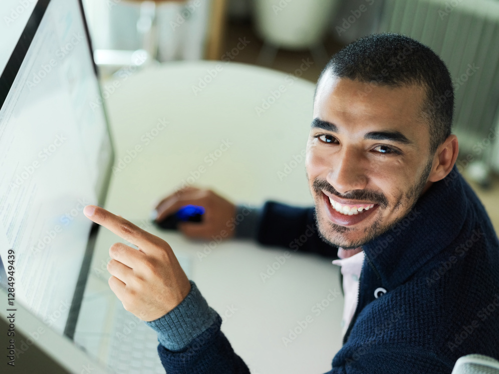 Aufkleber Man, computer and pointing to screen in office, web development and online for writing html. Top view, portrait and programmer for software update in workplace, cpu system and site for efficiency