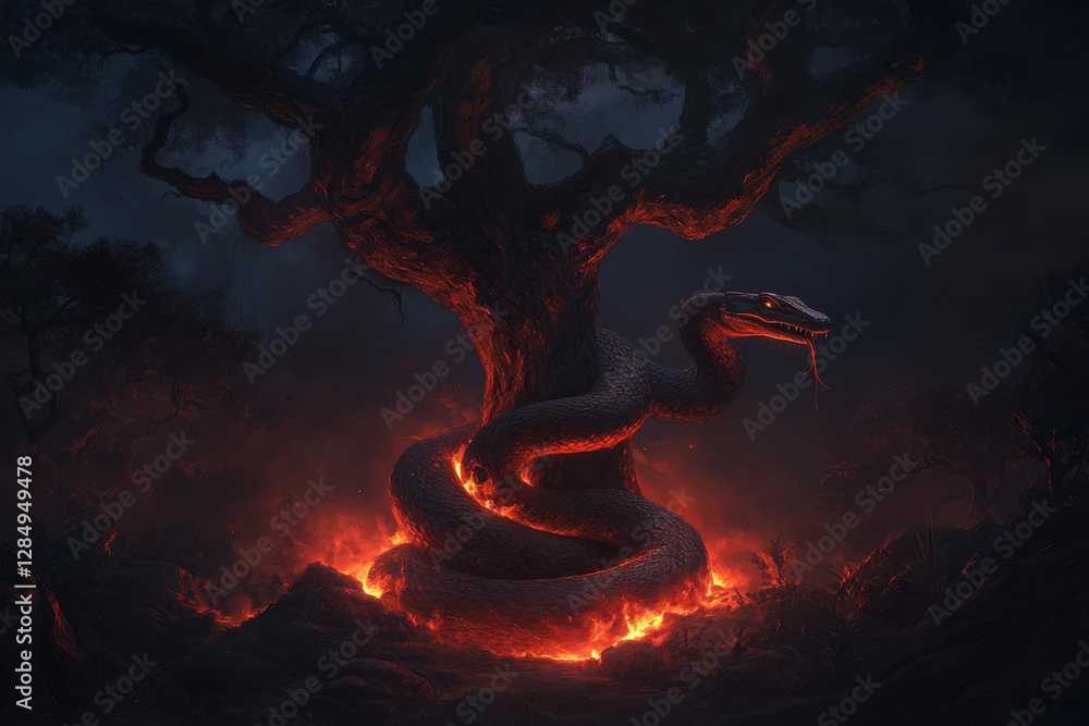 Poster a large tree with a snake wrapped around it