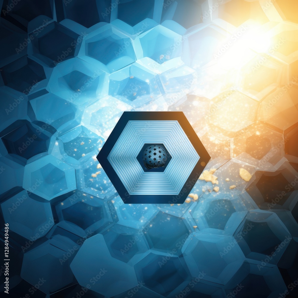 Poster futuristic abstract composition with hexagonal shapes, sparkles and a glowing center