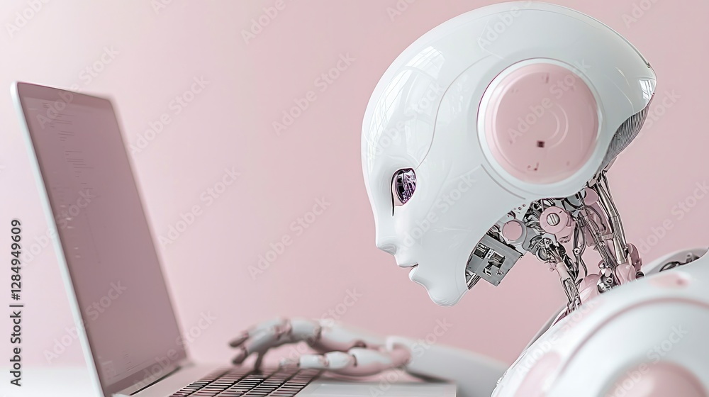 Poster ai robot working on laptop futuristic technology artificial intelligence