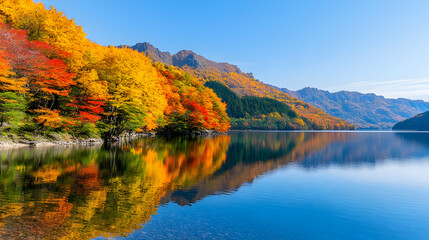 Autumn lake reflection, vibrant foliage, mountain backdrop, serene nature