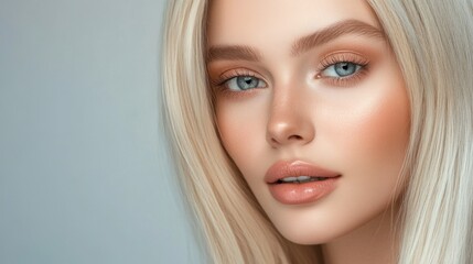 Naklejka premium Close-Up Portrait of a Young Woman with Light Blonde Hair and Blue Eyes