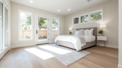 Modern bedroom with patio views, bright and airy interior.  Possible use Interior design inspiration, house plans