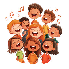 A delightful choir of children singing together, carefully crafted in a cut-out illustration style, Christian theme, transparent background, PNG
