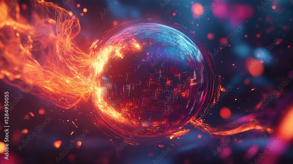 Poster fiery orb with abstract light streaks in a dark space with glowing bokeh effect