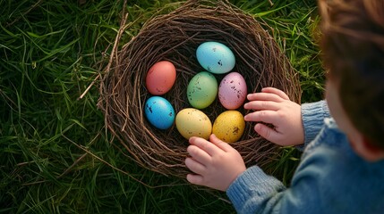 Fototapeta premium Colorful Easter eggs in nests made from small twigs on the grass.