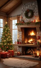 Fototapeta premium Warm and cozy interior of a Christmas house with a fireplace and festive decorations, holiday decor, mistletoe, decorated mantel