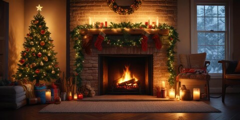 Fototapeta premium Warm fireplace glow with festive lights and evergreen boughs, festive lights, evergreen