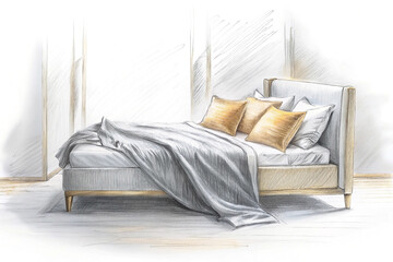 Elegant bedroom with grey bedding, gold pillows, and light wood bed frame.