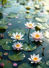 Water lily and jasmine together floating on a peaceful pond , jasmine, pond