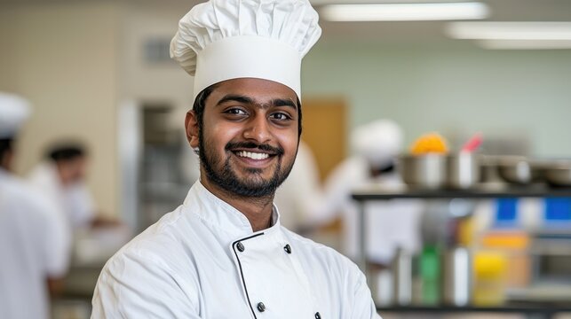 Smiling Chef in a Professional Kitchen with Culinary Students