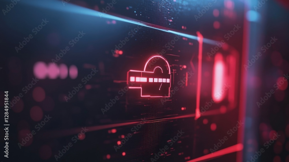 Poster futuristic interface featuring a glowing padlock icon, representing data protection and cyber securi