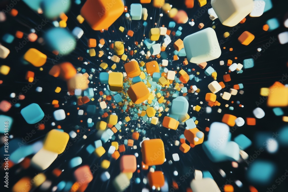 Poster vibrant cubes of various colors appear to hover and scatter in a dark three-dimensional space, creat