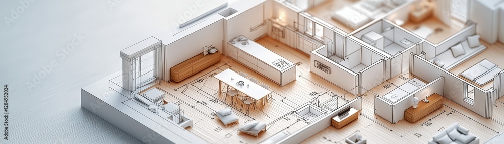 Aufkleber a detailed architectural model showcases modern interior spaces with an open layout and minimalist d