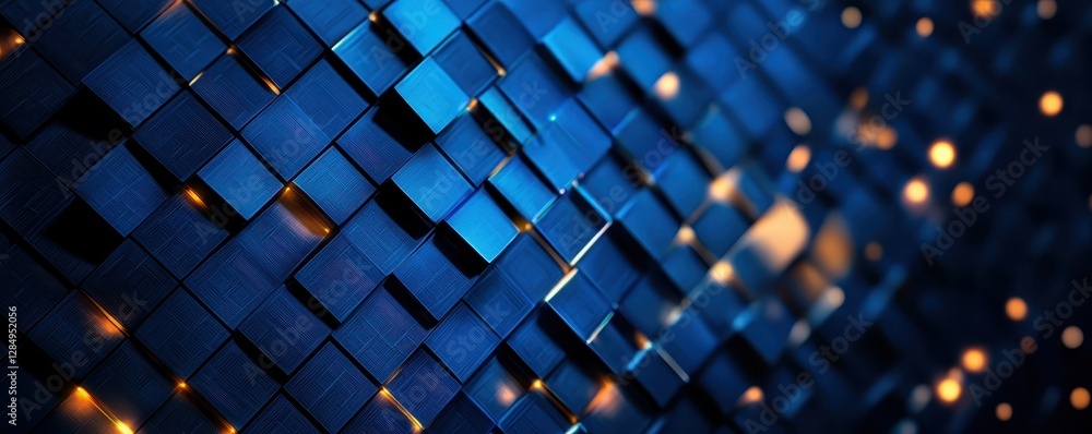 Poster a textured blue surface with 3d blocks, featuring subtle light reflections, creating a modern and dy