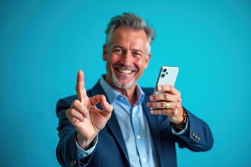 Middle-aged man with gray hair and beard wearing blue suit holding smartphone smiling pointing finger up, business communication concept for marketing presentations with turquoise background cheerful