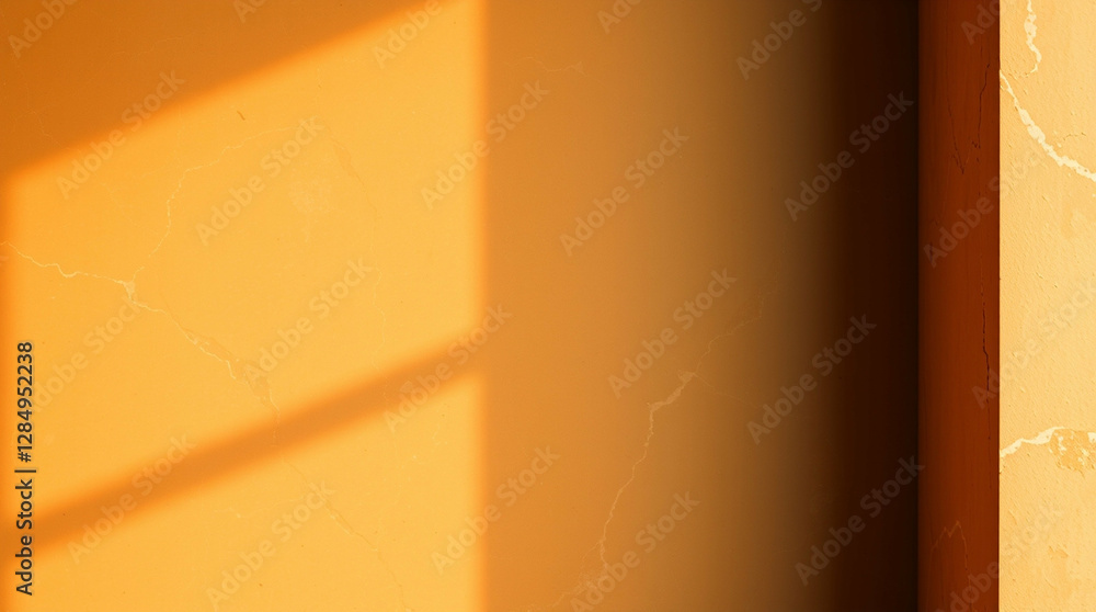 Poster sunlit ochre wall with window shadow creating a simple abstract composition