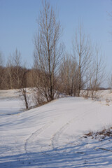 Obraz premium Sand quarry in th Vilnohirsk , Ukraine. Winter landscape on the sand quarry ,sun rays on the sy , beautiful colors on the picture . Path on the sand . Road and trees with lights of the sun . Trees 