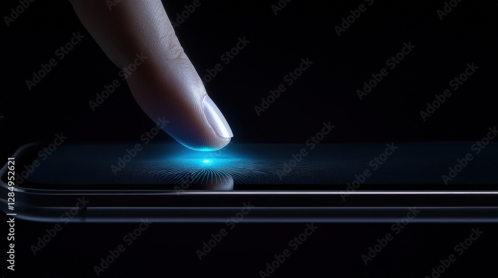 Poster fingertip touching a smartphone screen, glowing blue light illuminating the device while performing 