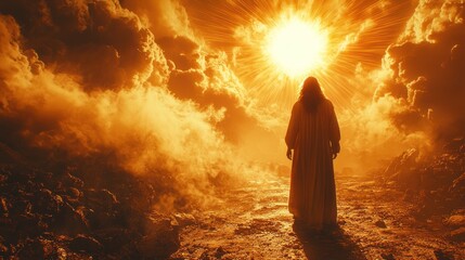 Fototapeta premium The Son of God Ascends to Heaven, radiant in golden light, amidst fiery clouds and a divine glow. A powerful depiction of faith, hope, and spiritual ascension