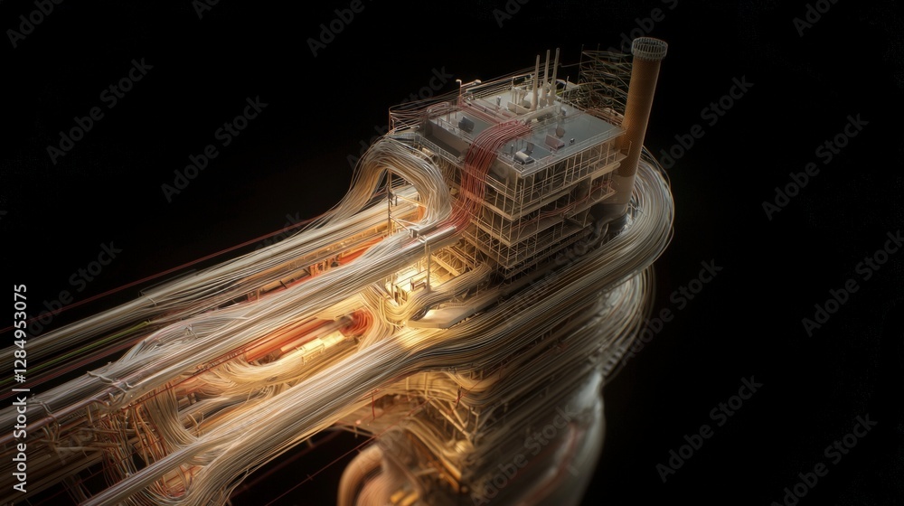 Poster intricate industrial building 3d render of complex factory structure