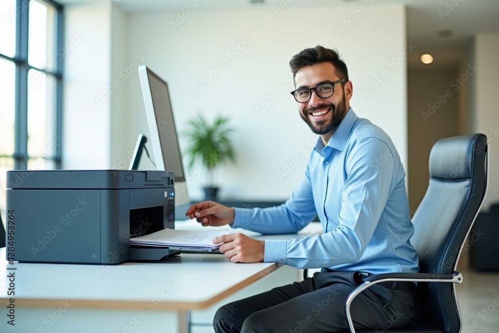 Poster man is sitting at desk with printer and computer