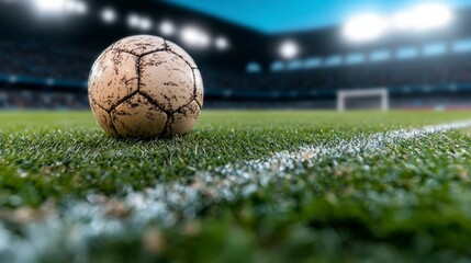 Fototapeta premium Soccer Ball on Grass Stadium Lights Night Game Sports Photography