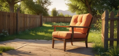 Obraz premium Wooden armchair placed in front of a wooden fence on a peaceful orchard, serene landscape, natural wood, wooden armchair