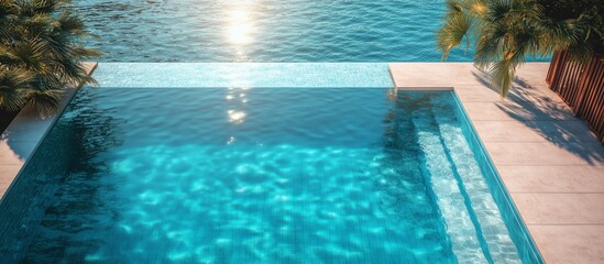 Fototapeta premium Serene pool and ocean view, perfect for relaxation and tropical tranquility.